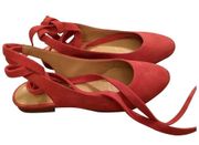 Sezane Nina Flat Ballerina Slingback Ankle Tie Suede Red size 7