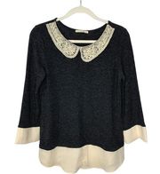 Le Lis Twee Long Sleeve Top With Pearl And Crochet  Accents Small