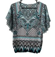 JM Collection Womens Blouse Medium Petite PM MP Abstract Beaded Polyester Blue