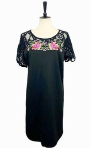 NEW Women's Black Pink Floral Lace Scuba Embroidered Dress Size Large