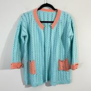 Vintage Handmade Baby Blue & Coral Open Front Cable Knit Cardigan