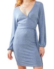 Abbeline Womens Surplice V-Neck Hacci Long Sleeve Knit Mini Dress Size XS Blue