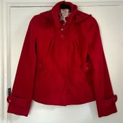 Anthro Tulle Red Hooded Button Down Peacoat M