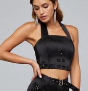 Bebe Black Satin Sequin Embellished Halter Top VB