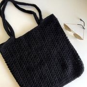 Handmade Black Hand Knit Crocheted Medium Open Shoulder Bag Tote