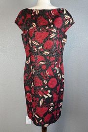 Moschino Womens Sheath Dress 14 Floral Red Black Gold Shimmer Wool Silk