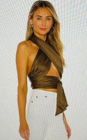 from Revolve Satin Brown Wrap Top with Tie Closure, size M