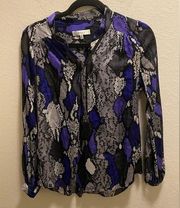 MILLY Silk Purple And Black Snake Print Long Sleeve Blouse