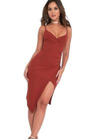 Mind Code Wrap Front Crepe Stretch Mini Dress Rose Brick Red Asymmetrical Size L