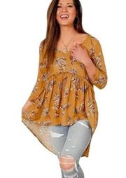 NWT Gimmick by BKE Buckle Floral Mustard High Low 3/4 Sleeve V-Neck Boho Top L