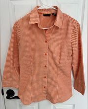 New York & Company Orange White Checker 3/4 Sleeve Button Down Shirt Size M