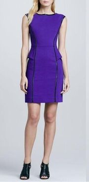 MILLY • Pipe-Trim Peplum Dress purple stretch wool black vegan leather