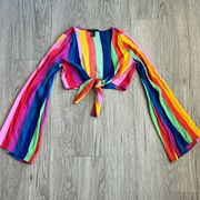 Forever 21 Rainbow Striped Tie Front Long Sleeve Crop Top Size M