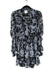 Adora Black and Gray Floral Tiered Smock Ruffle Mini Dress XS