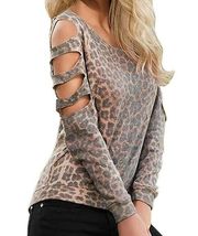 Venus Challyhope Prefaded Leopard Cut Outs Cold Shoulder Raw Hem Sweatshirt S