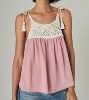 Lucky Brand Pink White Tie Strap Crochet Loose Fit Babydoll Tank Top