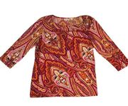 Susan Graver Womens L Liquid Knit Top 3/4 Sleeve Orange Colorful Paisley Stretch