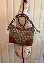 Dooney & Bourke Blue Fabric Logo Shoulder Hobo Bag Brown Leather Trim and Strap