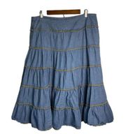 Panhandle Slim Ruffle Tiered Denim Midi Skirt Size Women's M Vintage Western 14