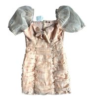 SKYLAR ROSE PINK BLUSH PUFF SLEEVE RUFFLE LACE MINI DRESS SIZE LARGE NWT