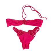 Luli Fama Swimsuit Womens Small Pink Bikini Bandeau Solid Halter Two Piece