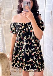 Black Motif Floral Embroidery Off the Shoulder Mini Dress