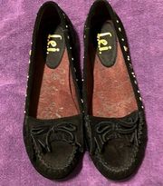 NWOT LEI size 9  black suede slip on flats w/bling & tassel trim