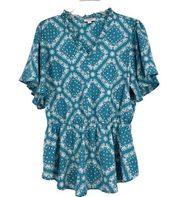 Andree By Unit Teal Paisley Print Peplum Top Boho Short Flutter Sleeves Size L