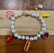 Gold Tone Faux Pearl Ketchup Hotdog Crystal Heart Charm Bracelet