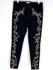 Bisou Bisou Michele Bohbot Womens Skinny Jeans Black with Gold Embroidery Size 4