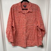 Lands End Womens Orange Floral Linen Blend L/S Button Up Shirt Size 3X 24W-26W