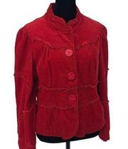 Elevenses Anthropologie Womens Ruffle Jacket Corduroy Lined Button Up Burnt Red