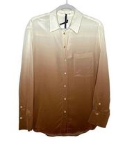 Mango MNG Dip Dye Ombre Button Up Long Sleeve Silk Blouse Brown Tan Shirt Size 6
