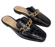 Vince Camuto Black Leather Croc Embossed Square Toe Chain Rachey Mule Size 8.5