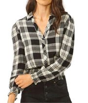 1. STATE Womens Black Smocked Plaid Long Sleeve Collared Button Up Top. Size S