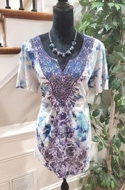 One World Women's Multicolor Floral Polyester Short Sleeve V Neck Top Blouse 1X
