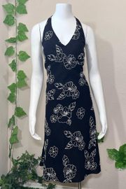 Evan Picone Black Halter Embroidered Floral Hawaiian Dress