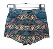 High Waisted Aztec Tribal Embroidered Jean Shorts