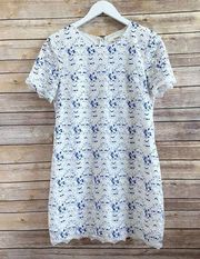 Sans Souci Blue White Floral Lace Short Sleeve Mini Dress Size Small