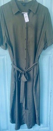 Ladies Olive Green Button Front Dress With Belt Ann Taylor Factory SzXL NWT