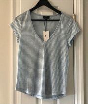 7 For All Man Kind Striped White Blue V-neck Linen Tee Women’s Size S