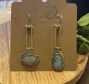 Dangled Blue Oval Stones Cased Silver Plated Frame Rectangled Accents Earrings