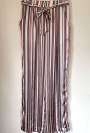 Soulmates satin striped pants elastic waist belted pink grey women’s size M