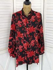 Joan Vass Floral High Low Button Front Blouse Black Red XS