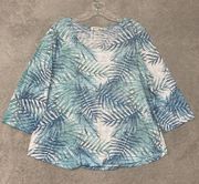 Orvis Top Womens Extra Large Blue White Floral Leaves Burnout Round Neck Shirt
