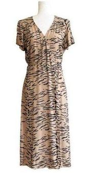 Leith Midi Dress Tan Black Animal Print Flutter Short Sleeve Wrap Dress Small