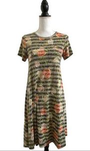 LuLaRoe Carly Dress Pink Floral Olive Green Stripes Women’s Extra Extra Small