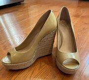 Vince Camuto nude patent peep toe wedges