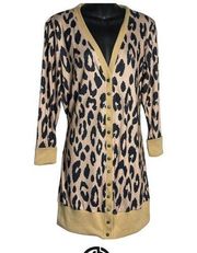 Merokeety Long Sleeve Snap Cardigan Sweater Animal Print Tan Black Women Medium