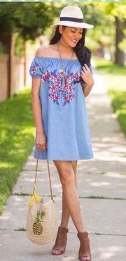 Off Shoulder Embroidered Indigo Dress NWT